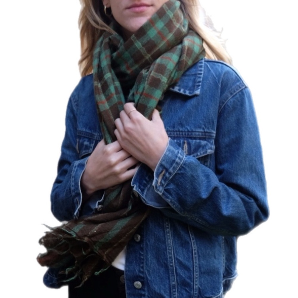 Vintage Plaid Green Red Brown Yellow Long Wool Fringed Scarf - Picture 10 of 13